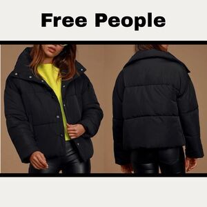 Free People Weekender Puffer Quilted Insulated Jacket Black Oversized Sz Small